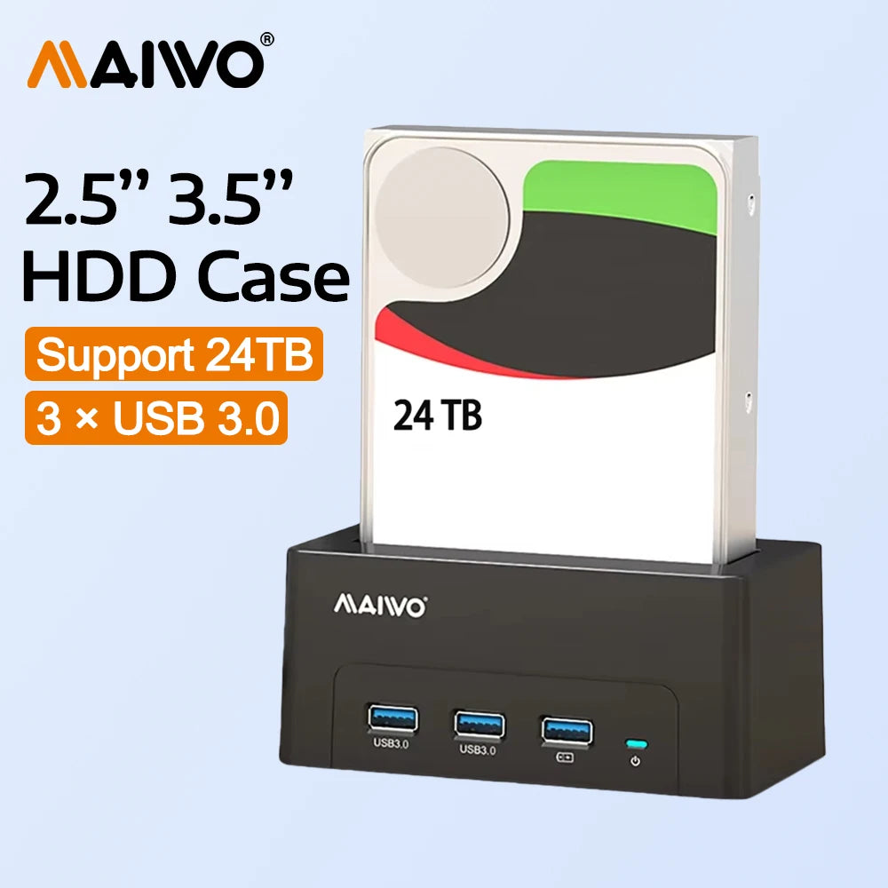 MAIWO HDD Docking Station with USB 3.0 HUB Extension 2.5 3.5 Inch SATA HDD Case Support 24TB with Fast Charge Port HDD Enclosure