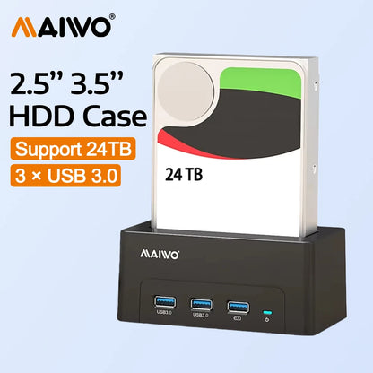 MAIWO HDD Docking Station with USB 3.0 HUB Extension 2.5 3.5 Inch SATA HDD Case Support 24TB with Fast Charge Port HDD Enclosure