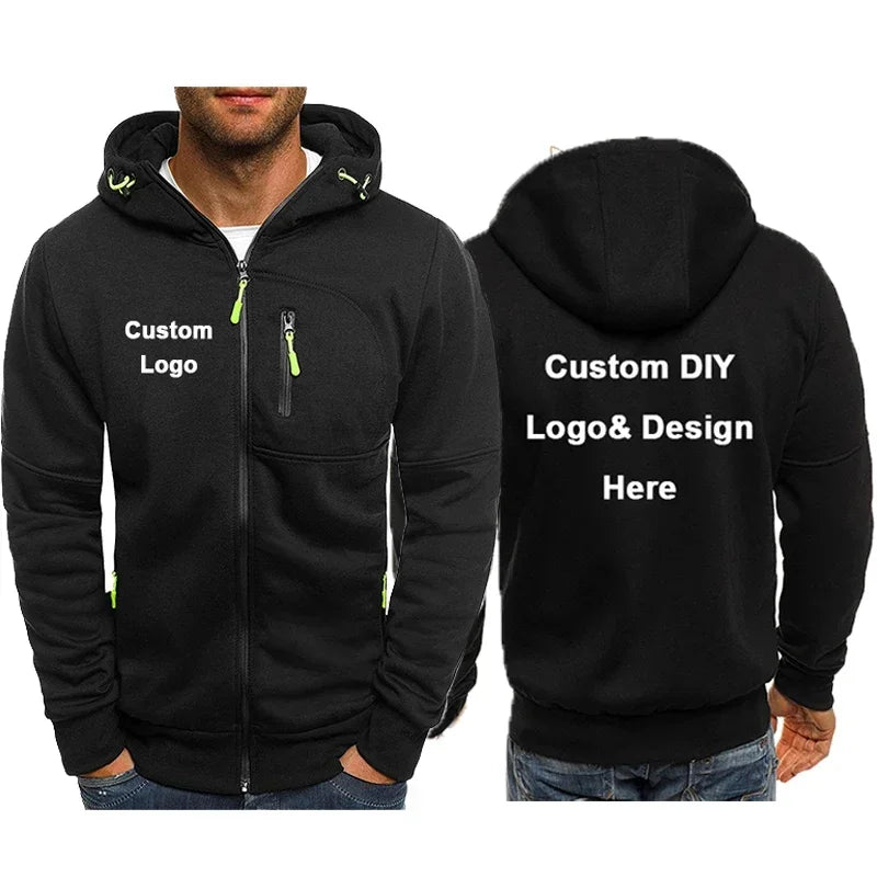 Herr Zip-up Hoodie med Fickor & Eget Tryck – Tunn, Japan-stil | M–4XL