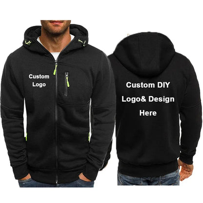 Herr Zip-up Hoodie med Fickor & Eget Tryck – Tunn, Japan-stil | M–4XL