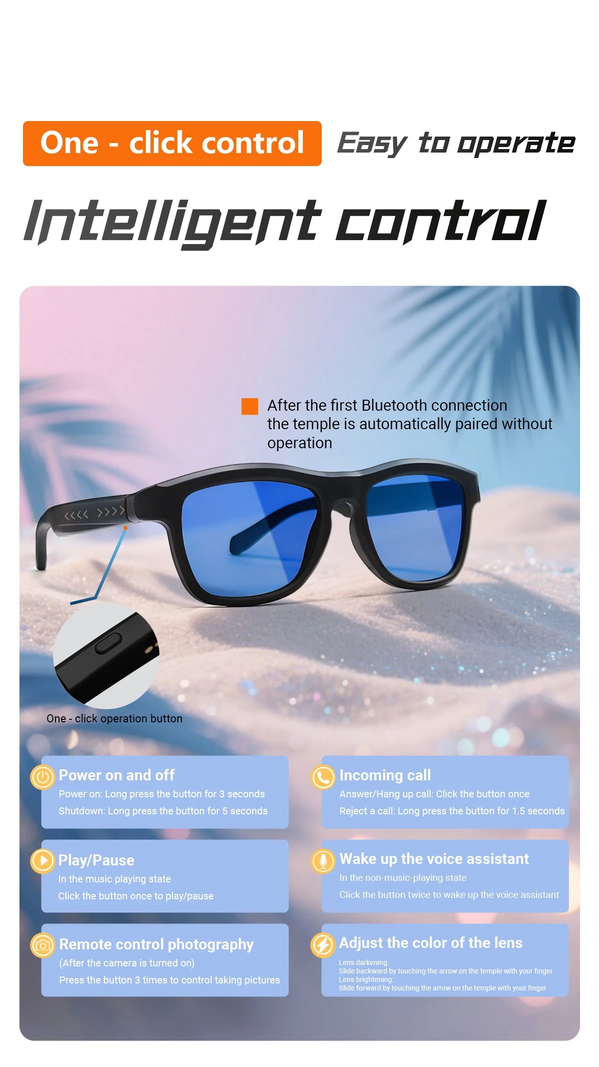Touch Automatic Color Changing Dimming Bluetooth 5.4 Voice Assistant AI Smart Translation Music Glasses Men UV400 Protection