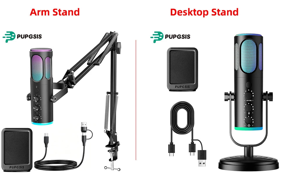 PUPGSIS Gaming USB Microphone, Noise Cancellation Condenser Mic with Mute, Gain, RGB Lights, Boom Arm Stand for Streaming, PC