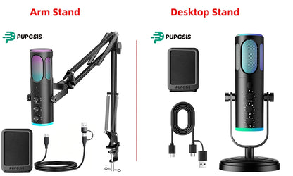 PUPGSIS Gaming USB Microphone, Noise Cancellation Condenser Mic with Mute, Gain, RGB Lights, Boom Arm Stand for Streaming, PC