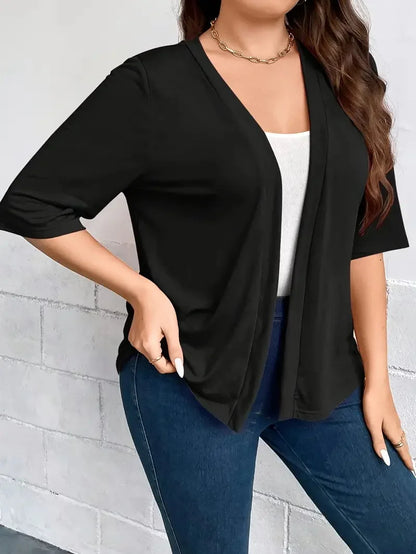 Dam Plus Size Blazer – Dräperad Öppen Enfargad 3/4-ärm Casual Mångsidigt Året Runt, 8 Färger 1XL–5XL
