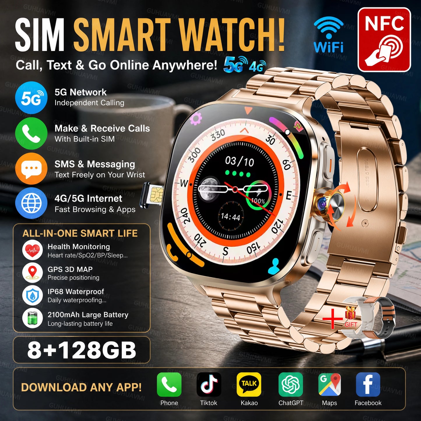 2026New 5G SIM Smart Watch 2.4" AMOLED 8+128GB GPS+NFC WIFI 1000W HD Camera IP68Waterproof Health Monitor Android Smartwatch Men
