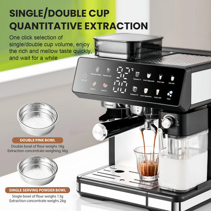 All-in-One Espresso Machine with Titanium Grinder, TFT Touchscreen, Pre-Infusion & Auto Milk Frother, Hot & Cold Brew, 8 Presets, Black/Silver