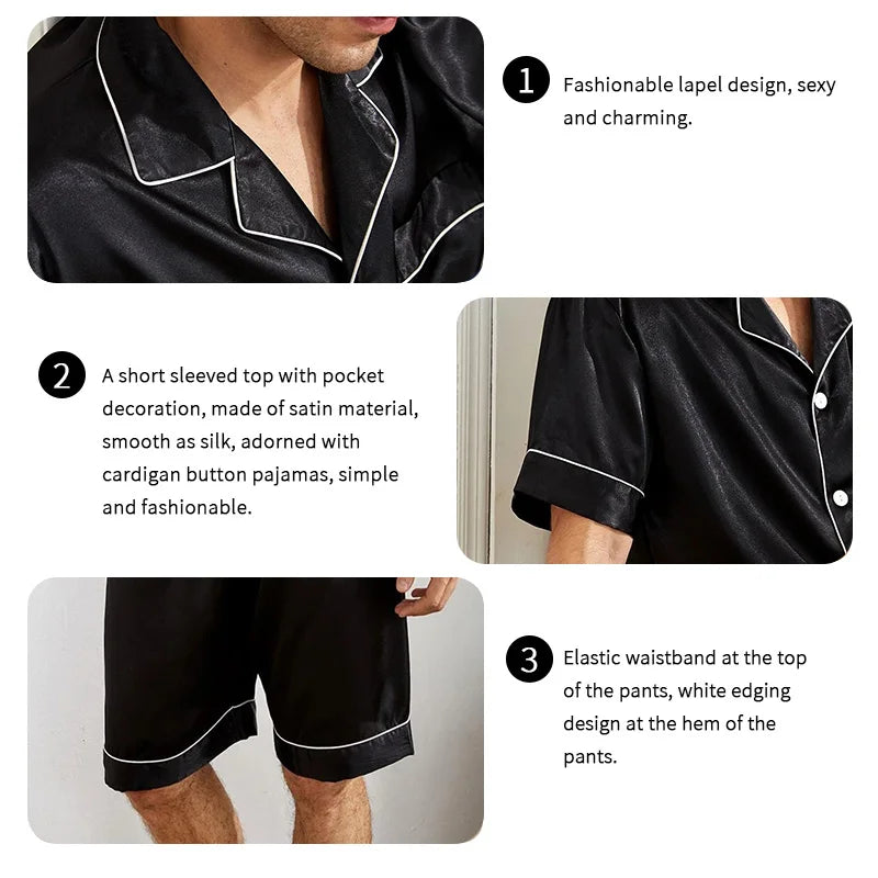 Herr Satinpyjamas Sommar – Kortärmad Skjorta & Shorts 2-delad, 4 Färger S–XL