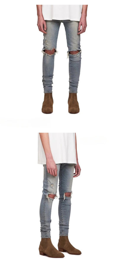 2026 High Quality Men's Jeans Pure Black Ripped Stretch Jeans Men Denim Trousers High Street Style Hip Hop Street Dance Man Jean