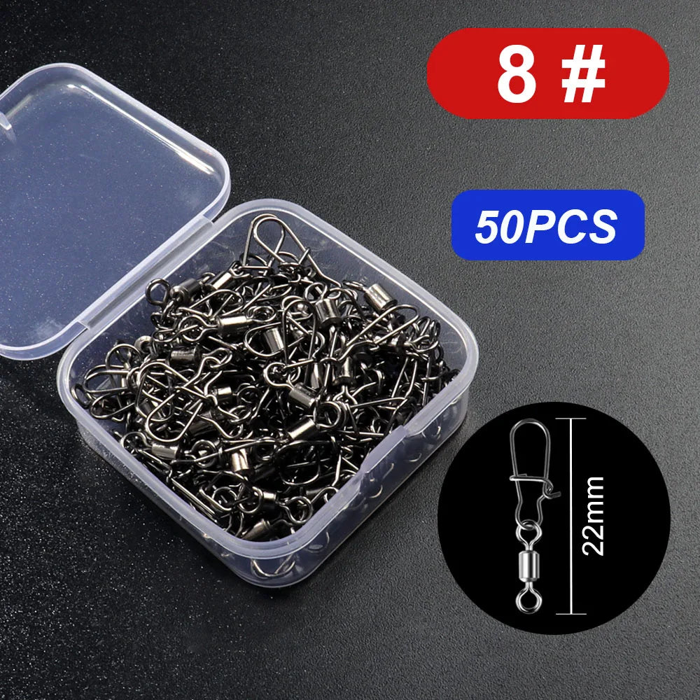 50pcs/box Swivel Snap Connector Pin Rolling Ring Fishing Tackle Box Buckle Hook Lure Kit Wire Rotate Bearing Pesca Tool Gear