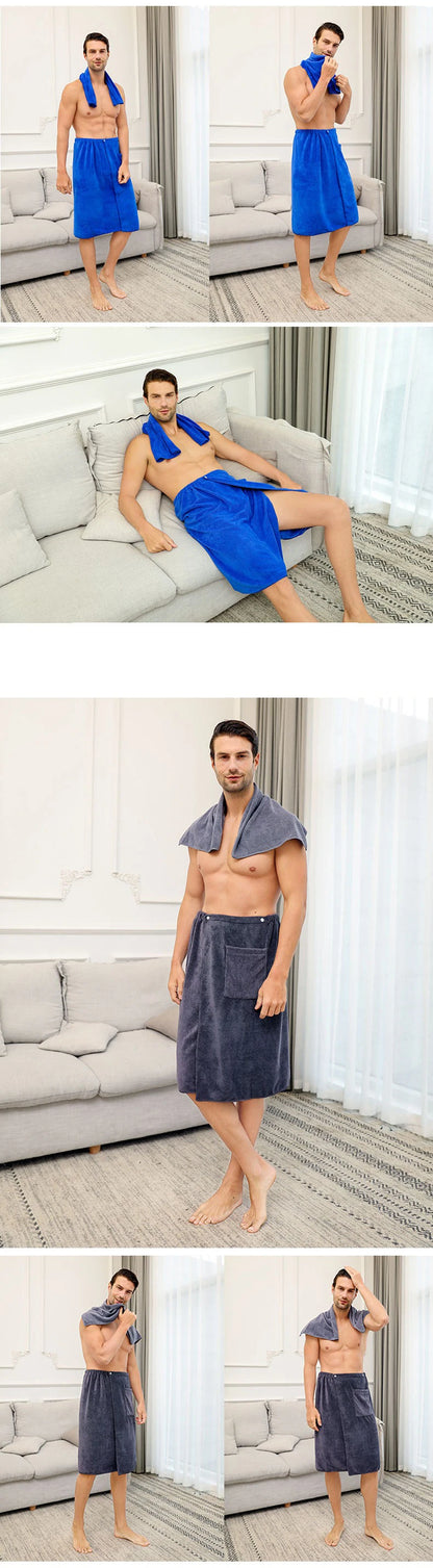 Men's Bath Robe Thickened Ultra-fine Fiber Absorbent One-piece Hotel Towel with Buckle Beach Skirt for Adults in Various Colors