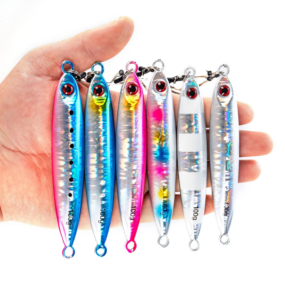 6Pcs Metal Jigging Lure 10-100g Slow Sinking Casting Bait 3D Eyes Luminous with Assist Hooks for Sea Fishing