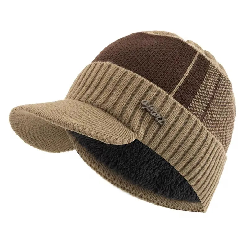 Hot Sale Unisex Warm Winter Hat With Brim Plush Fur Lined Knit Cap Sports Label Thicken Winter Hats For Men