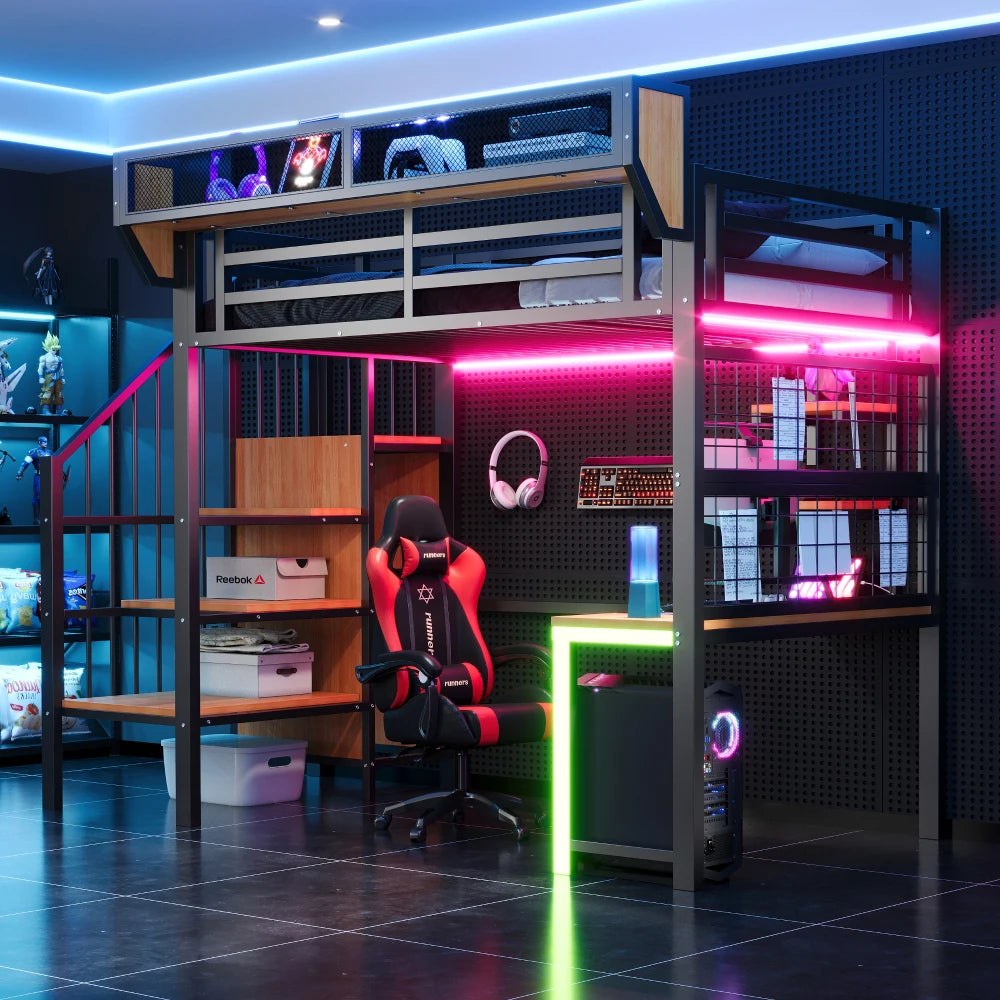 90×200cm & 140*200cm Metal High Bed, with Desk, Shelf and Storage Net, Complete with Safety Ladder, LED Lighting and Socket