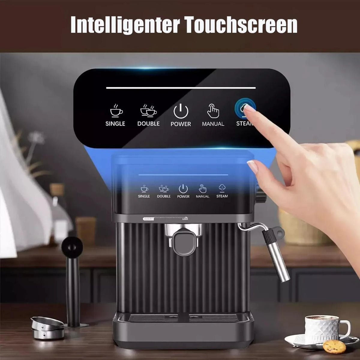 20 Bar Espresso Machine Smart Touchscreen 360° Steam Wand Cup Warmer Single Double Shot 1.8L Black
