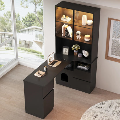 Corner Desk with Shelf and LED Display Cabinet, Desk with Cable Outlet, 3 Drawers, 2 Doors, Open Compartments, Built-in Bookcase