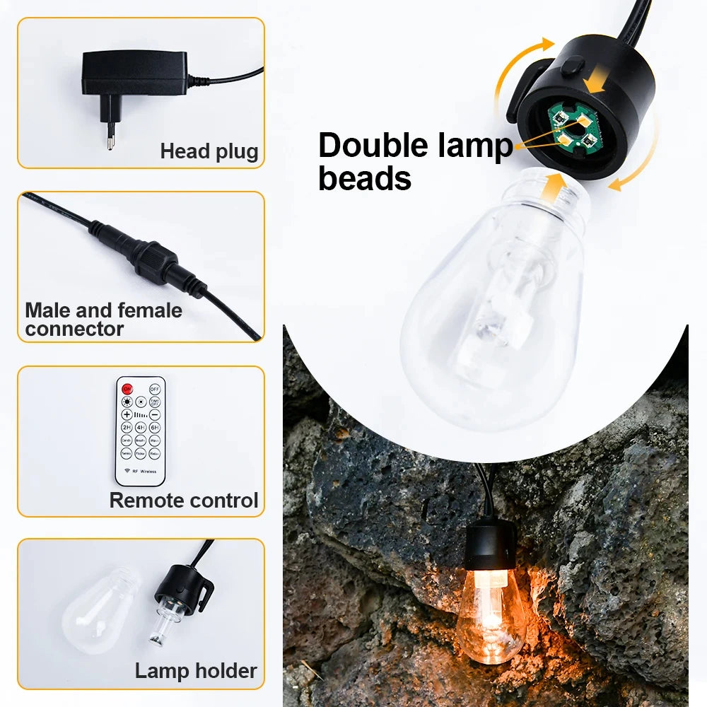 Arbrac ST38 LED-ljusslinga Utomhus IP44 – Varmvit 2200K Krossäker Fjärrkontroll Dimmer 15/18/20/30m Trädgård Bröllop Jul CE RoHS