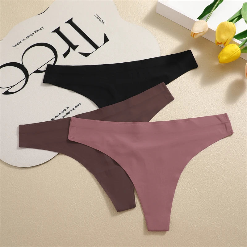 FINETOO 4PCS Silk Satin Seamless Underwear Low Waist Thongs Sexy Solid Color Bikini Underpants Female Stretch Intimates Lingerie
