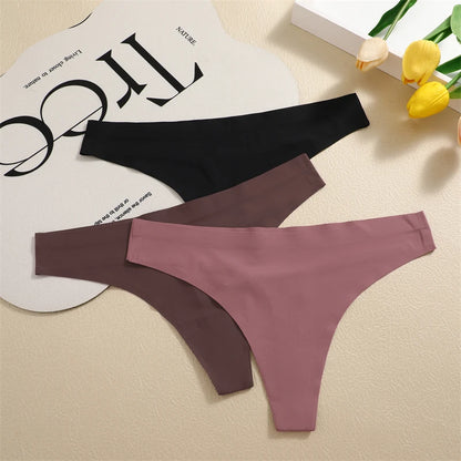 FINETOO 4PCS Silk Satin Seamless Underwear Low Waist Thongs Sexy Solid Color Bikini Underpants Female Stretch Intimates Lingerie