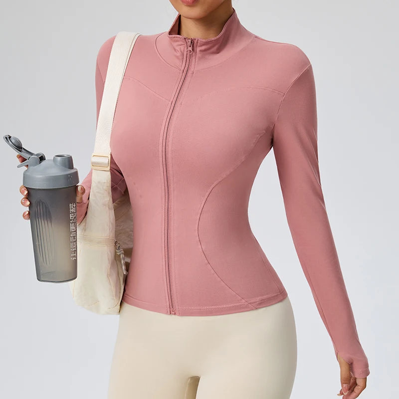 Fitness jacket, women's tight quick-drying top, 2025 autumn edition, long-sleeved sun-protective stand-up collar, sports Pilates