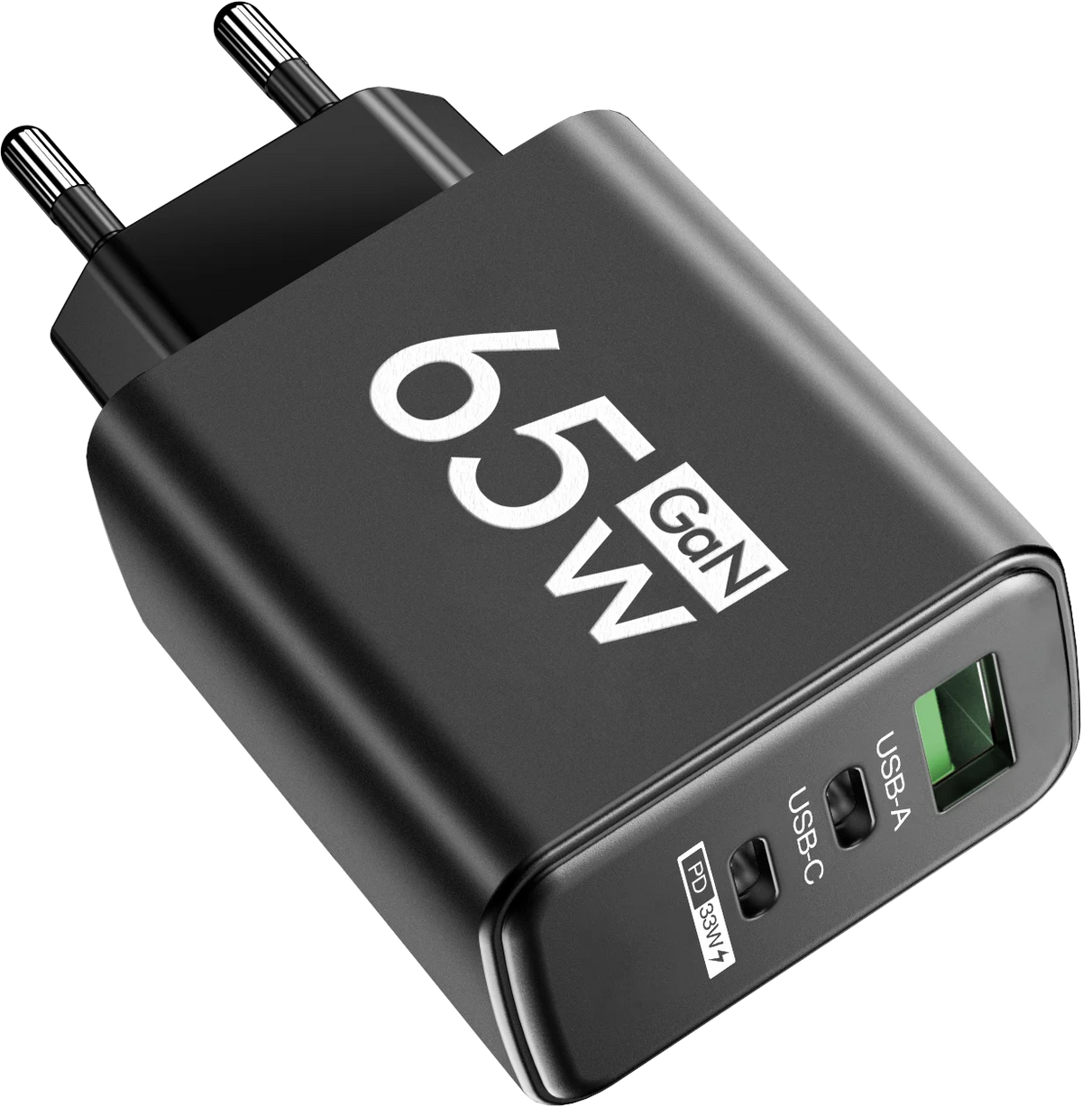 65W GaN-laddare med 3 Portar – USB-C PD och QC 3.0, Kompatibel med iPhone, Samsung och Xiaomi