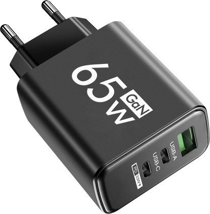 65W GaN-laddare med 3 Portar – USB-C PD och QC 3.0, Kompatibel med iPhone, Samsung och Xiaomi