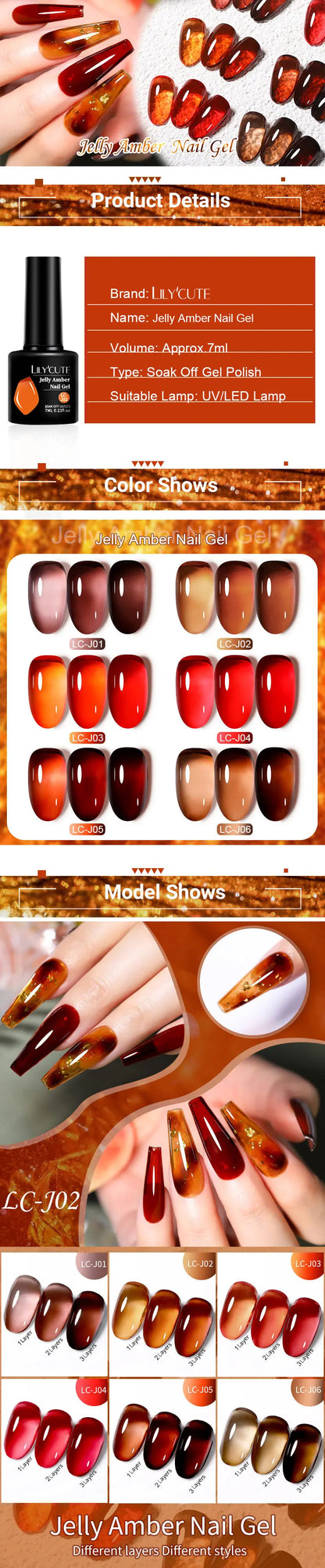 LILYCUTE 7ML Jelly Amber Gel Nail Polish Brown Crystal Translucent Dull Color Nail Art Gel Semi Permanent UV Gel Polish Varnish