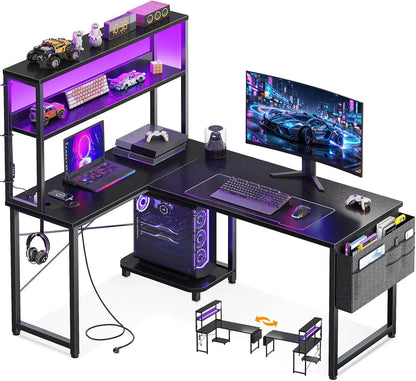 Coleshome L-Shaped Gaming Desk with Led and Plugs, 110 × 80 cm Reversible Gamer Desk with Shelves, Corner Desk with Storage Bag and Hook for Gamers, Black