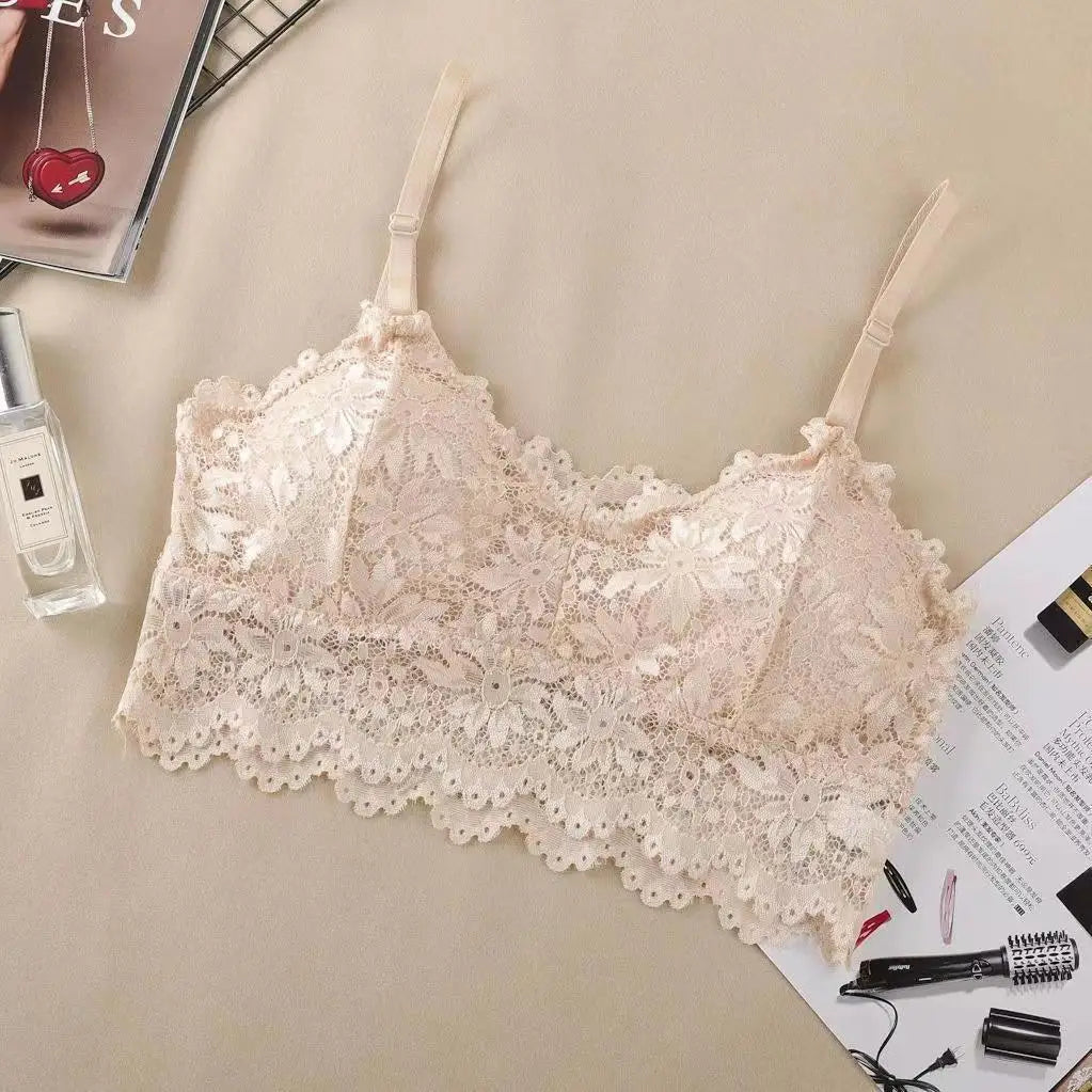 Women's Sling Bra Summer Thin Lace Beautiful Back Bra Small Chest Gather Up Support Bra Without Rods Fashion Vacation Underwear