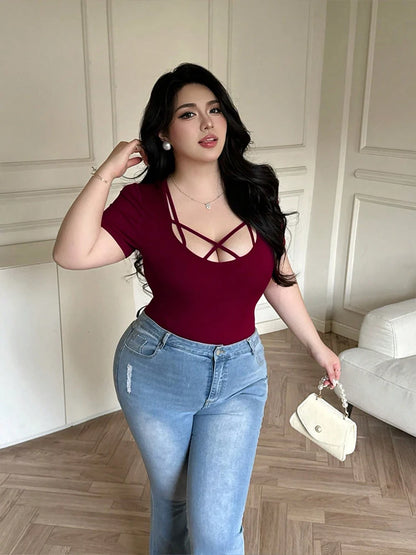Plus Size, Fashion, Spring/Summer, Tie-front, Sexy, Seductive Style, T-shirt, Fitted, Slimming, Seductive Style