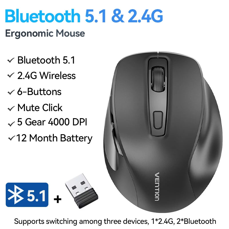 Vention Ergonomic Wireless Mouse Bluetooth 5.1 Dual-Mode USB 2.4G Mouse 4000 DPI 6 Buttons Mouse for PC MacBook Pro Tablet Mice