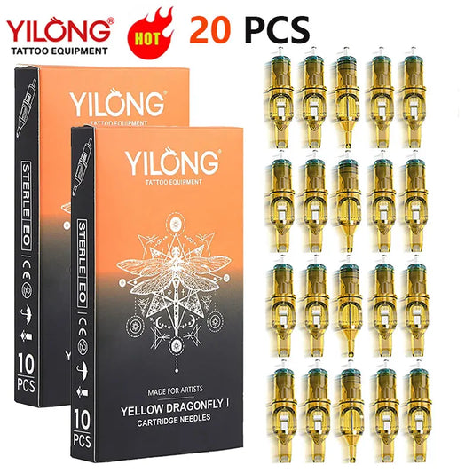 YILONG Yellow Dragonfly Kassett-tatueringsnålar 20-pack – RL/RS/RM/M1 Elastiskt Membran Anti-Backflow EO-steriliserade 2026