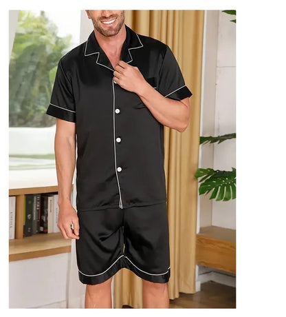 Pyjamasset herr med satinkänsla – kortärmad skjorta och shorts, S–XL