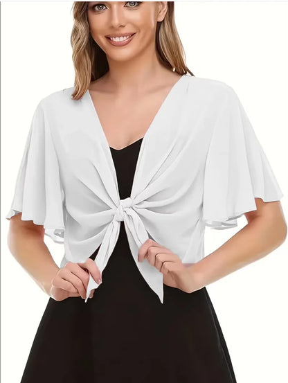 Dam Kort Chiffon Shrug – Genomskinlig Öppen Ärmlös Spetsdetalj Strand & Vardag Sommar, Ivory S–XXL