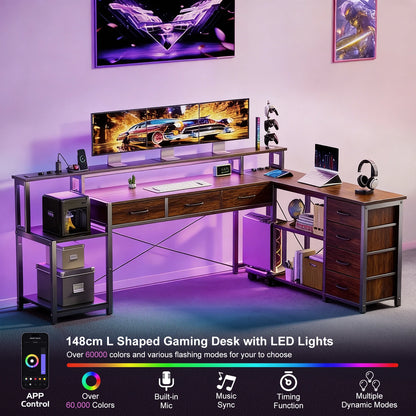 Reversible L-Shaped Gaming Desk 148cm Ultra-Wide Rgb Led App 2*Socket USB 7 Drawers Brown Grey Monitor Stand