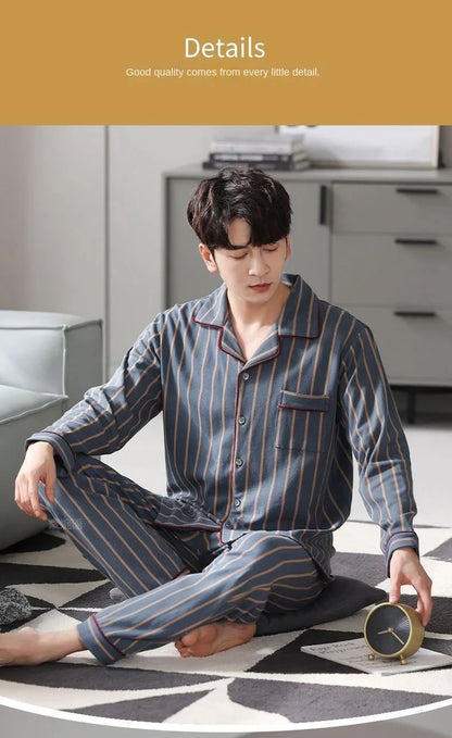 Herr Pyjamas Set – Långärmad & Långa Byxor Tunn Polyester Året Runt Plus Size, 5 Färger M–4XL