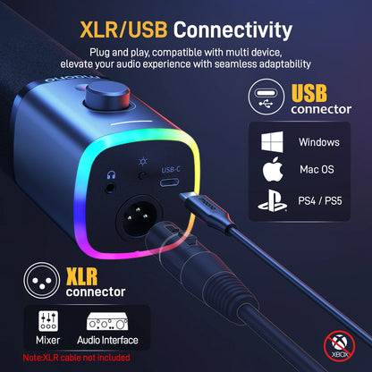 MAONO PD100X Dynamic Microphone. Software Noise Reduction Included. RGB Gaming Mic. Enhances Gaming Experience. Ideal for Record