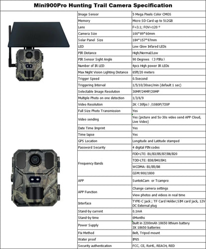 Mini900Pro Utomhus Jaktkamera, 2K, 4G, APP-fjärrkontroll, Solcellsbatteri