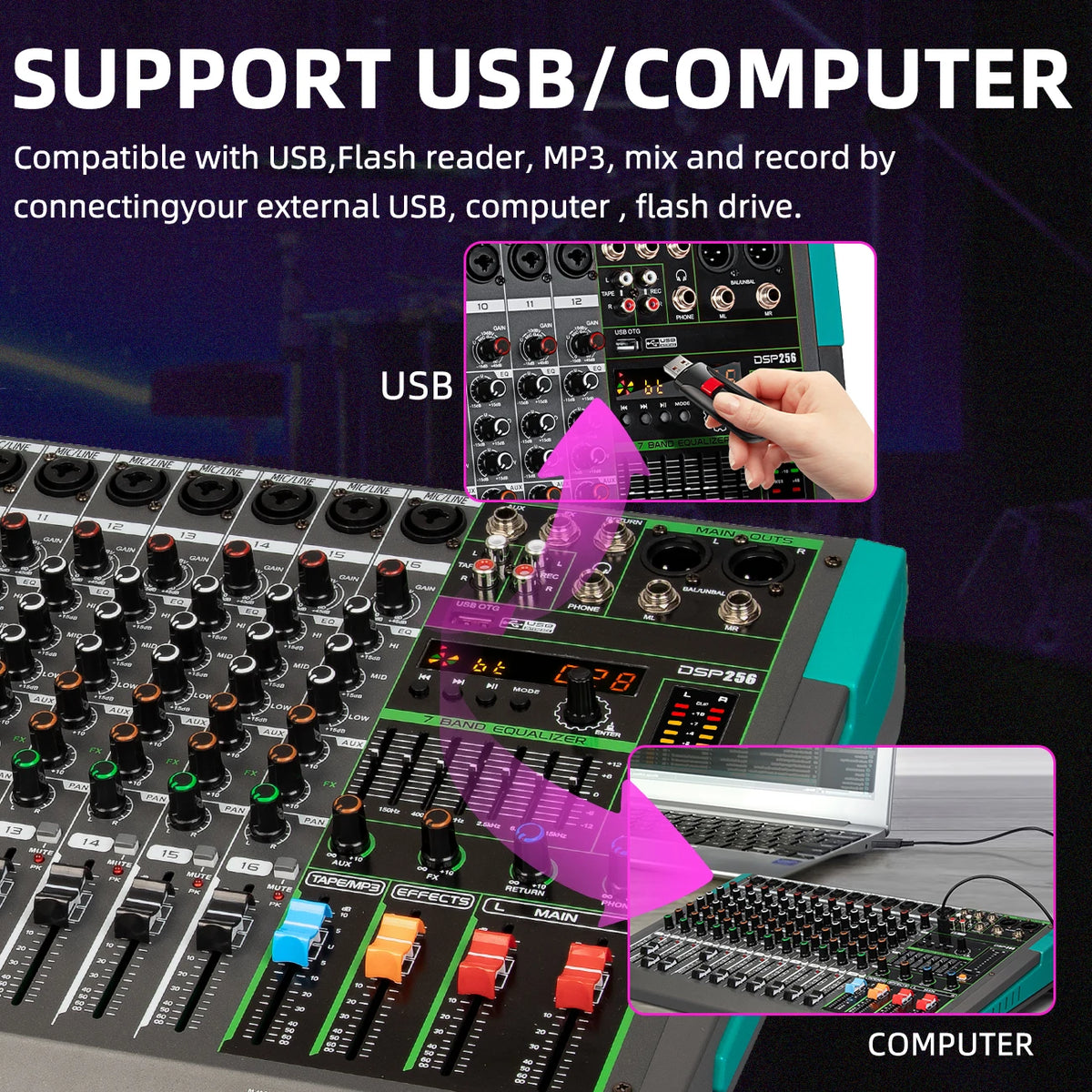 Depusheng MG16 16-kanals ljudmixer med USB och Bluetooth
