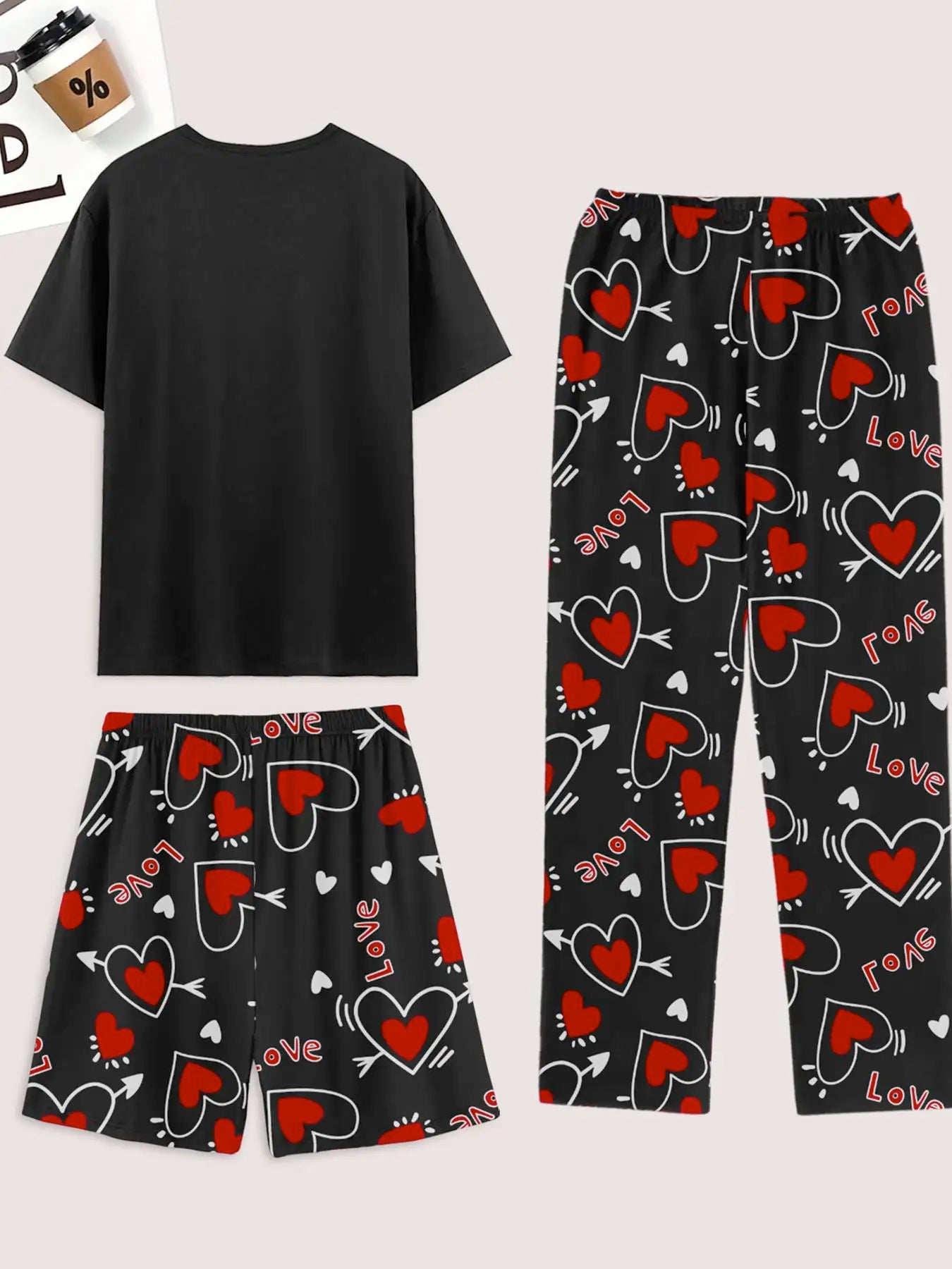 Men's pajama set of 3 pieces, heart-shaped printed shorts, pants and a top print of "I Like My Girlfriend"