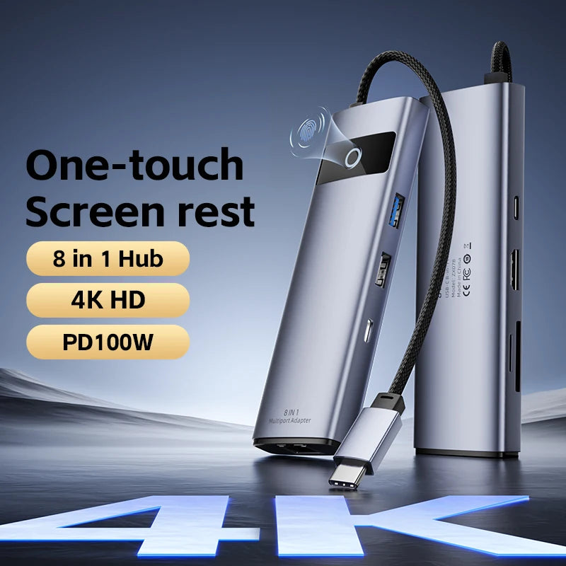8-in-1 USB C Hub Adapter 4K HDMI PD100W USB 3.0 Gigabit Ethernet Line For Meetings Presentations for MacBook iPad Laptops