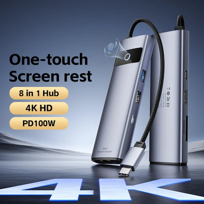 8-in-1 USB C Hub Adapter 4K HDMI PD100W USB 3.0 Gigabit Ethernet Line For Meetings Presentations for MacBook iPad Laptops
