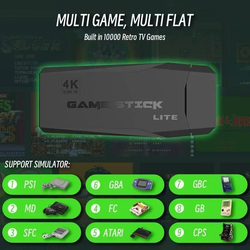 Retro Spelkonsol M8 Game Stick 64GB – 20 000 Spel 4K HDMI 2 Trådlösa Kontroller PS1/SNES/NES/GBA TV & PC