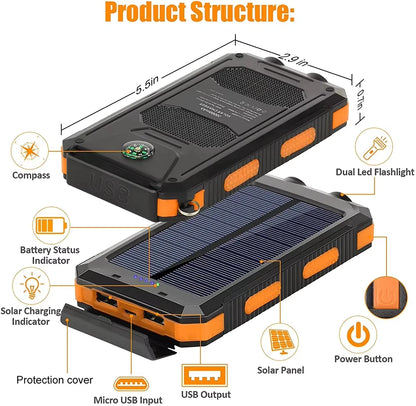Rscrola Solcells Powerbank 50000mAh – Dual USB USB-C LED-ficklampa Kompass CE FCC RoHS Orange Blå Svart