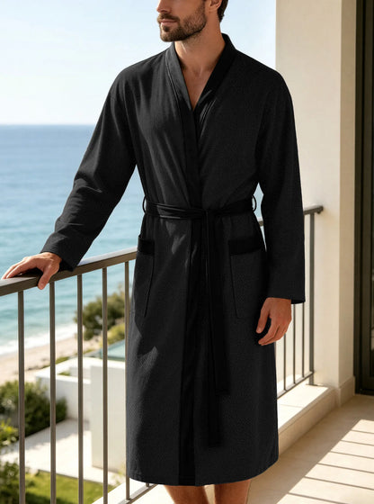 Men's Twill Fabric Long Bathrobe with Belt Design, Double Pockets, Casual Home Pajamas, Loose Fit, Hotel Resort Style, Nightwear