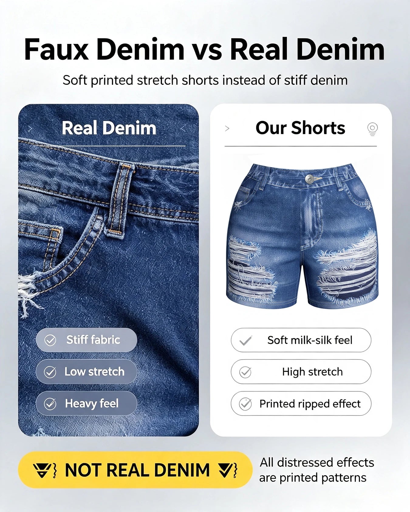 Plus Size Women's Denim-Look Printed Shorts Trendy Ripped Effect Comfortable Tight Fit Casual Chic Summer Hot Pants