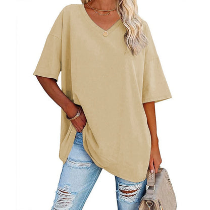 Women's Loose V-Neck Top Spring/Summer New Color Half Sleeve European American Style Clothing Amazon Foreign Trade