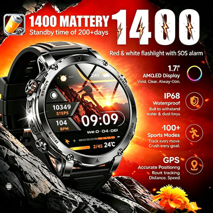 2026 1400mAh Big Battery Smart Watch Men Outdoor GPS Flashlight IP68 Waterproof Bluetooth Call AMOLED Military Sports Smartwatch