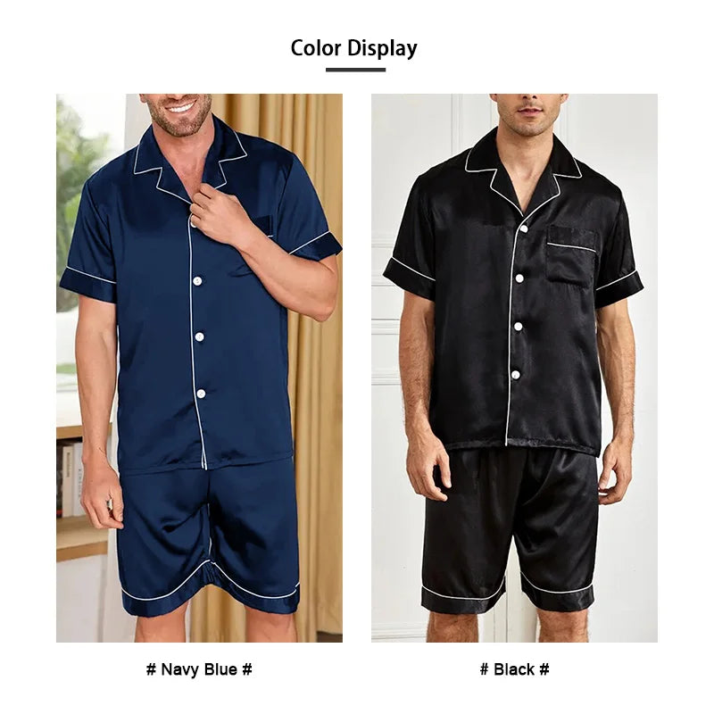 Herr Satinpyjamas Sommar – Kortärmad Skjorta & Shorts 2-delad, 4 Färger S–XL
