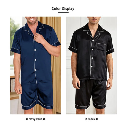 Herr Satinpyjamas Sommar – Kortärmad Skjorta & Shorts 2-delad, 4 Färger S–XL