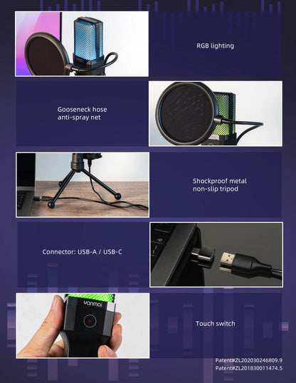 Gaming Computer Professional Condenser Microphone Mic PC Laptop USB Wired Live Streaming Podcast Studio Mike Kit Gamer Karaoke